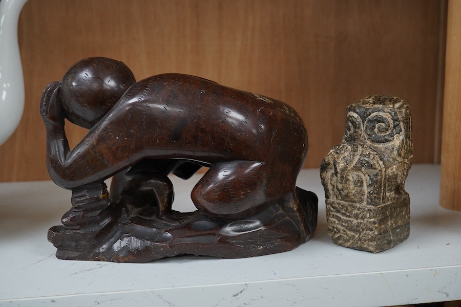 A Chinese carved soapstone ‘monkey’ group and another ‘lion dog’, monkey group 20cm x 14cm. Condition - fair to good